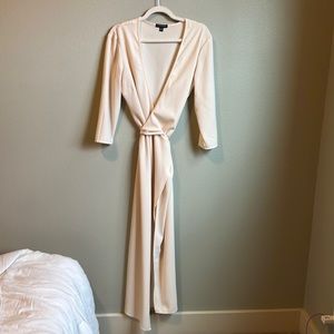 American apparel, cream, wrap dress, deep V, floor length, 3/4 sleeve
